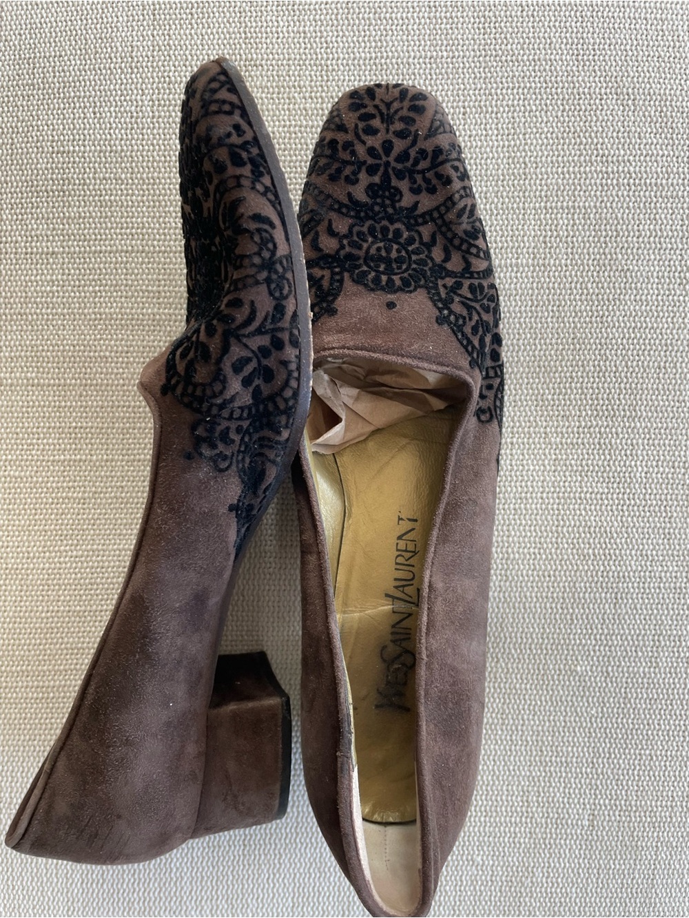 Yves Saint Laurent Brown Suede Black Velvet Raised Design Block Heel Pumps
